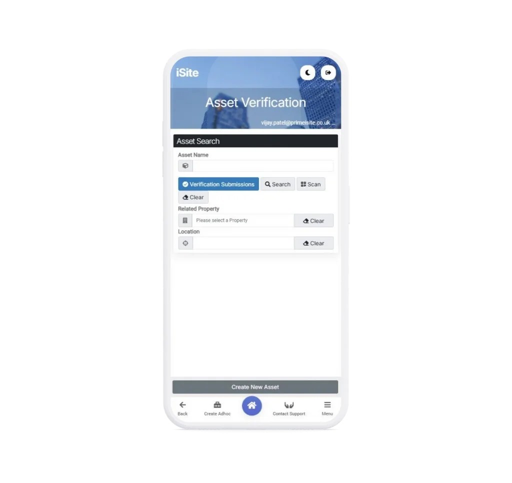 iSite mobile app showing Asset Verification screen on a smartphone