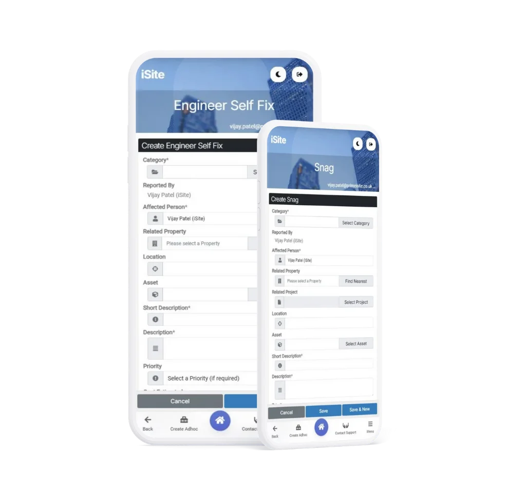 iSite mobile app showing Engineer Self Fix and Create Snag screens on smartphones