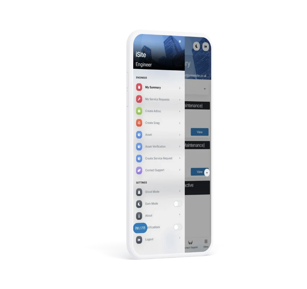 iSite field engineer mobile app showing job menu and settings on a smartphone