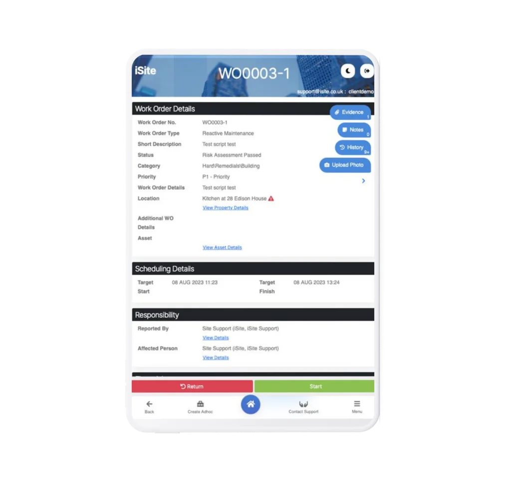 iSite work order details screen showing a field service job on a tablet