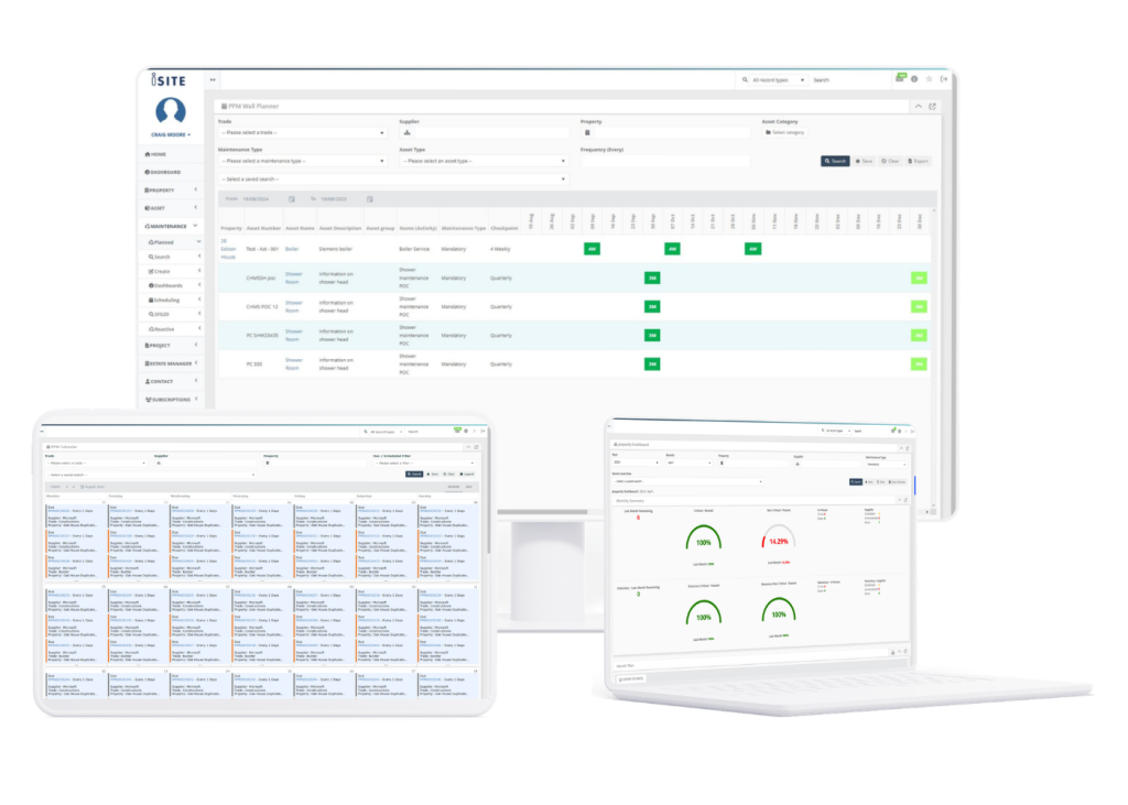 iSite PPM software: PPM calendar view, wall planner schedule, and jeopardy risk dashboard for planned preventative maintenance