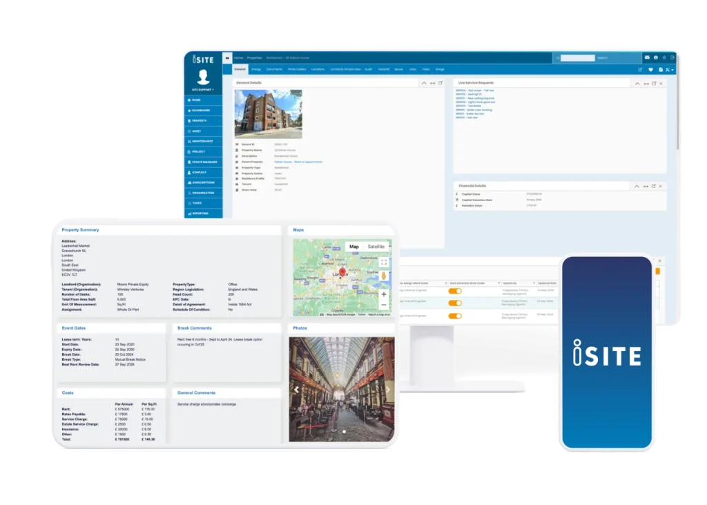 Property management dashboard showing iSite property records, maps, lease details and mobile access.