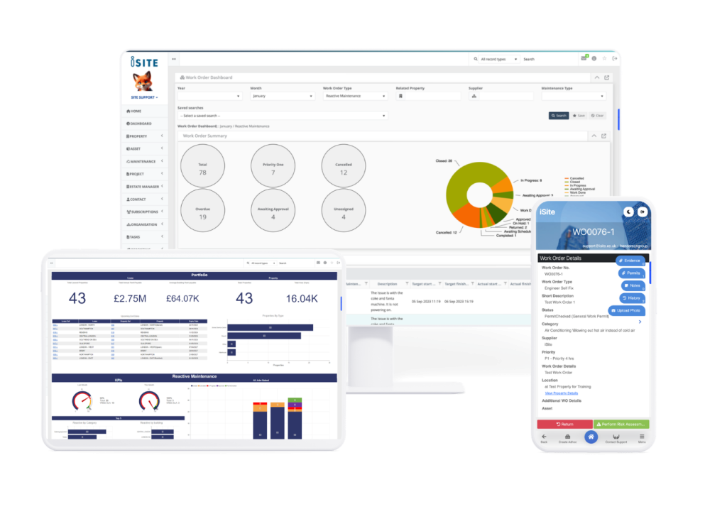 iSite CAFM CMMS software screenshots: work order dashboard, general maintenance dashboard, and mobile engineer work order screen