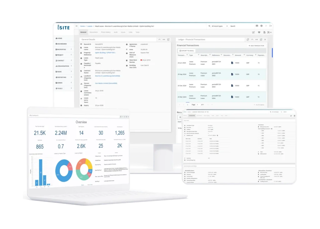 Screens showing iSite commercial lease management dashboards, lease details and financial transactions across a property portfolio