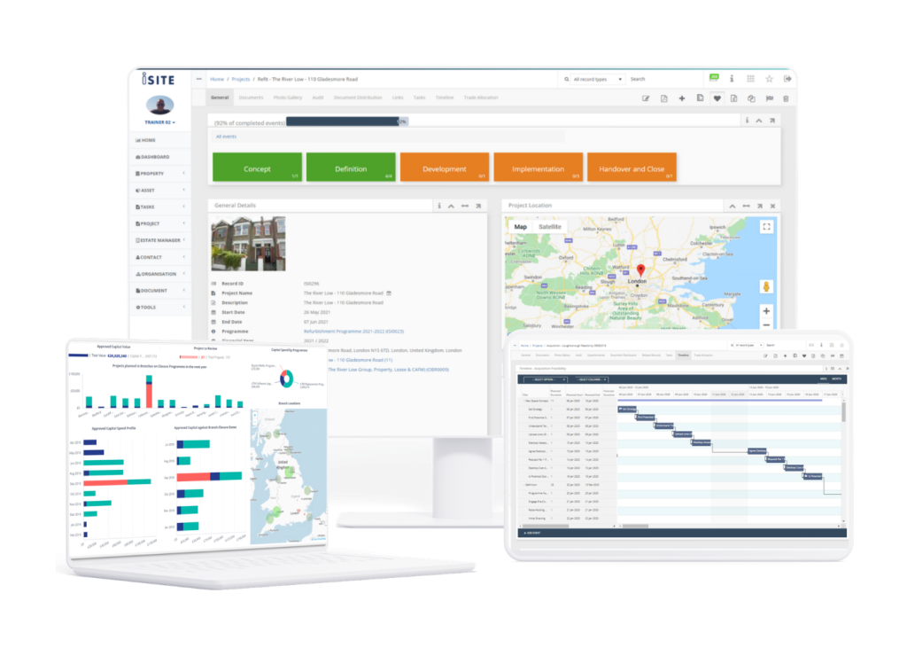 Screens showing iSite property project record, UK map and Gantt chart for multi‑site programmes